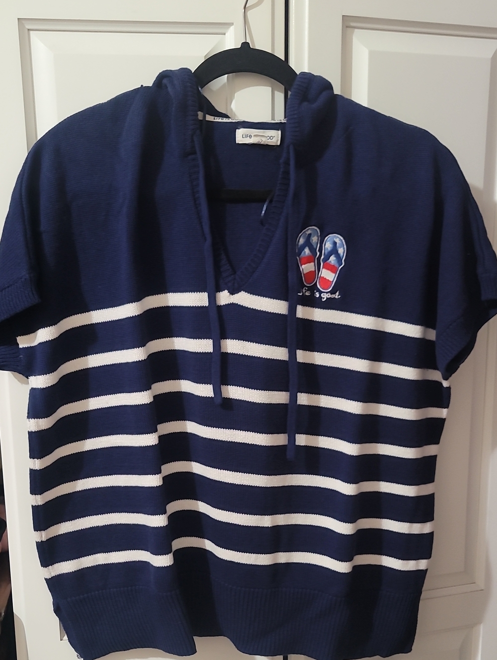 NWOT..Life Is Good Navy & White Striped Hooded Short Sleeve Sweater With Short